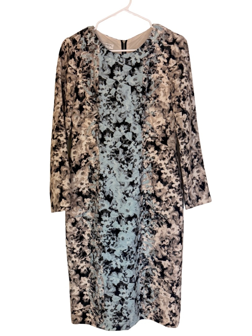 Maggie London Floral Long Sleeve Shift Dress in Blue, Gray and Black